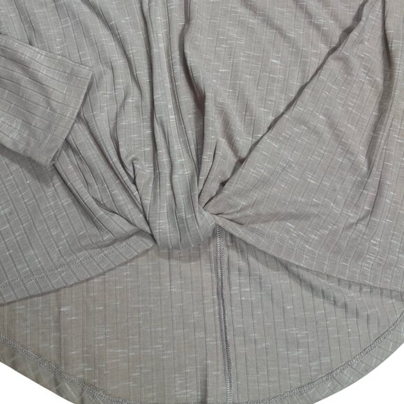 Francesca's Blue Rain Rose Ribbed Lace Lined V Neck Knotted Front Long Sleeve Ts - Picture 2 of 5